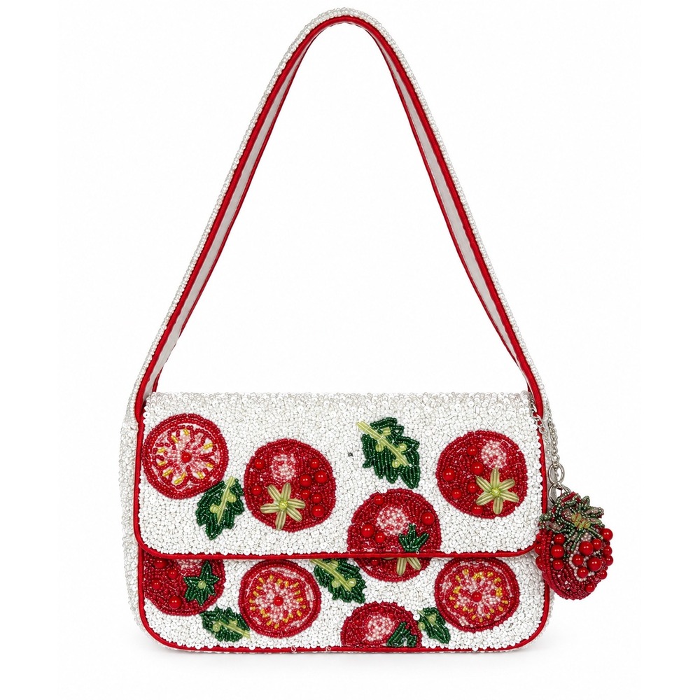 NWT Made in India Beaded Shoulder Bag White Red Tomato Sequin Fruit Motif Charm